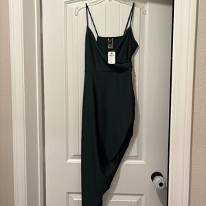 Hunter green asymmetrical midi dress